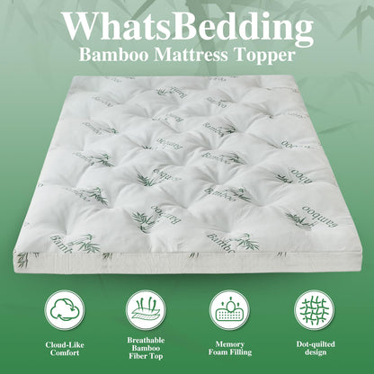 WhatsBedding 4 Inch Bamboo Memory Foam Mattress Topper