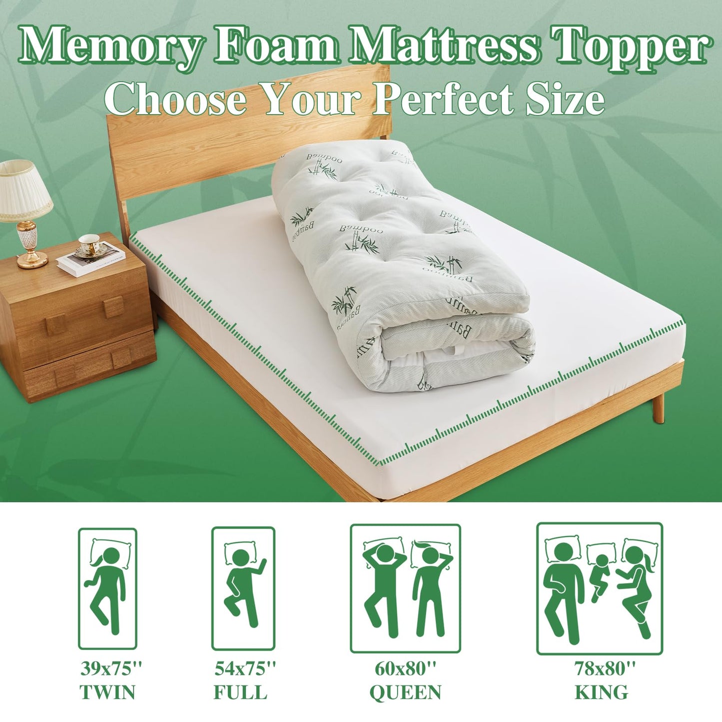 WhatsBedding 4 Inch Bamboo Memory Foam Mattress Topper